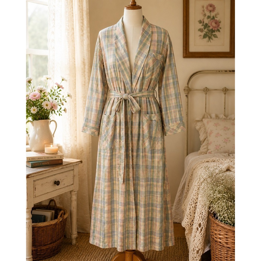 VICTORIA SECRET Gold Label Vintage full length plaid pastel cotton robe Womans S